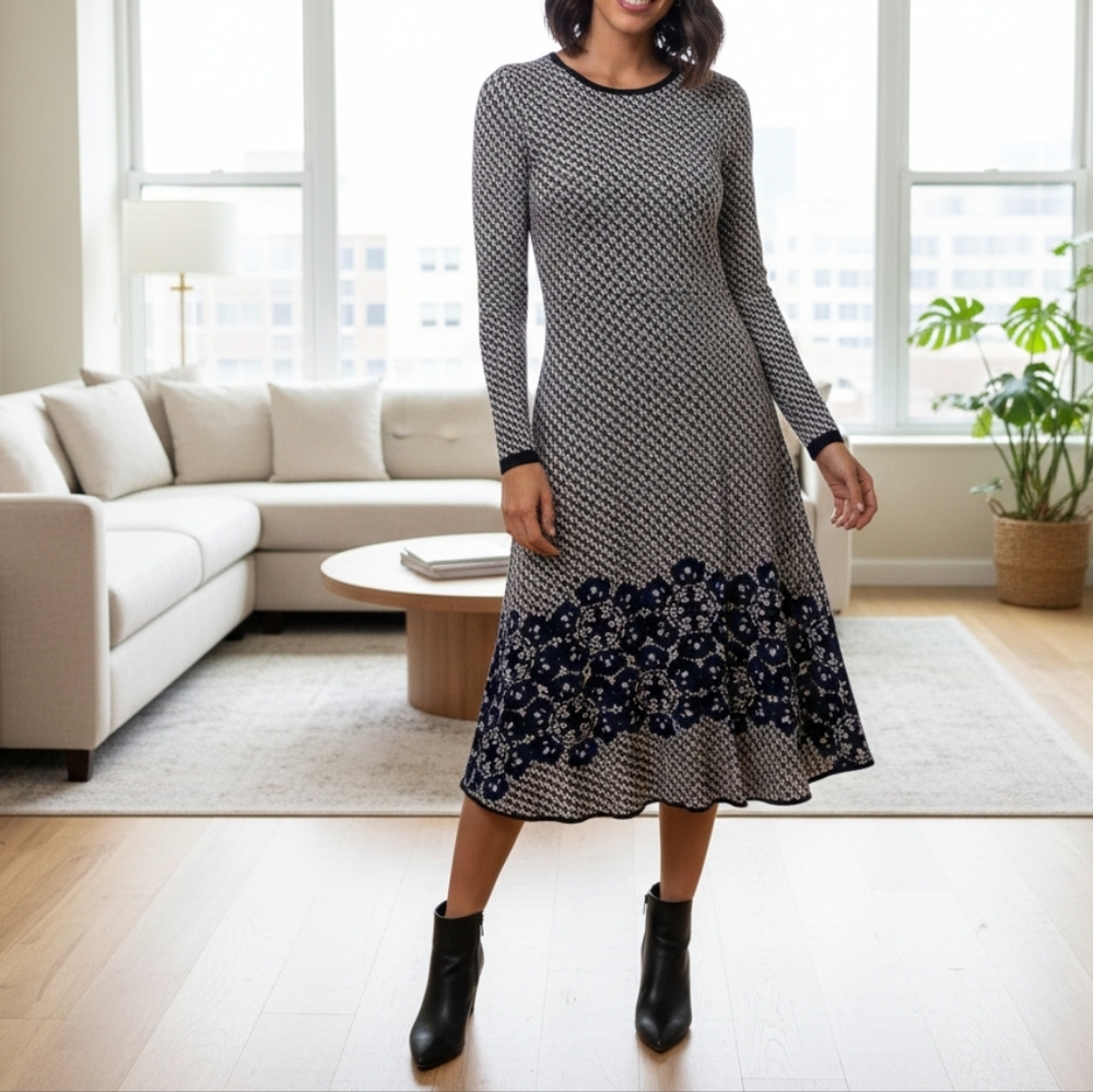​👗 New York & Company Stretch Houndstooth & Blue Floral Midi Dress - Size M 👗